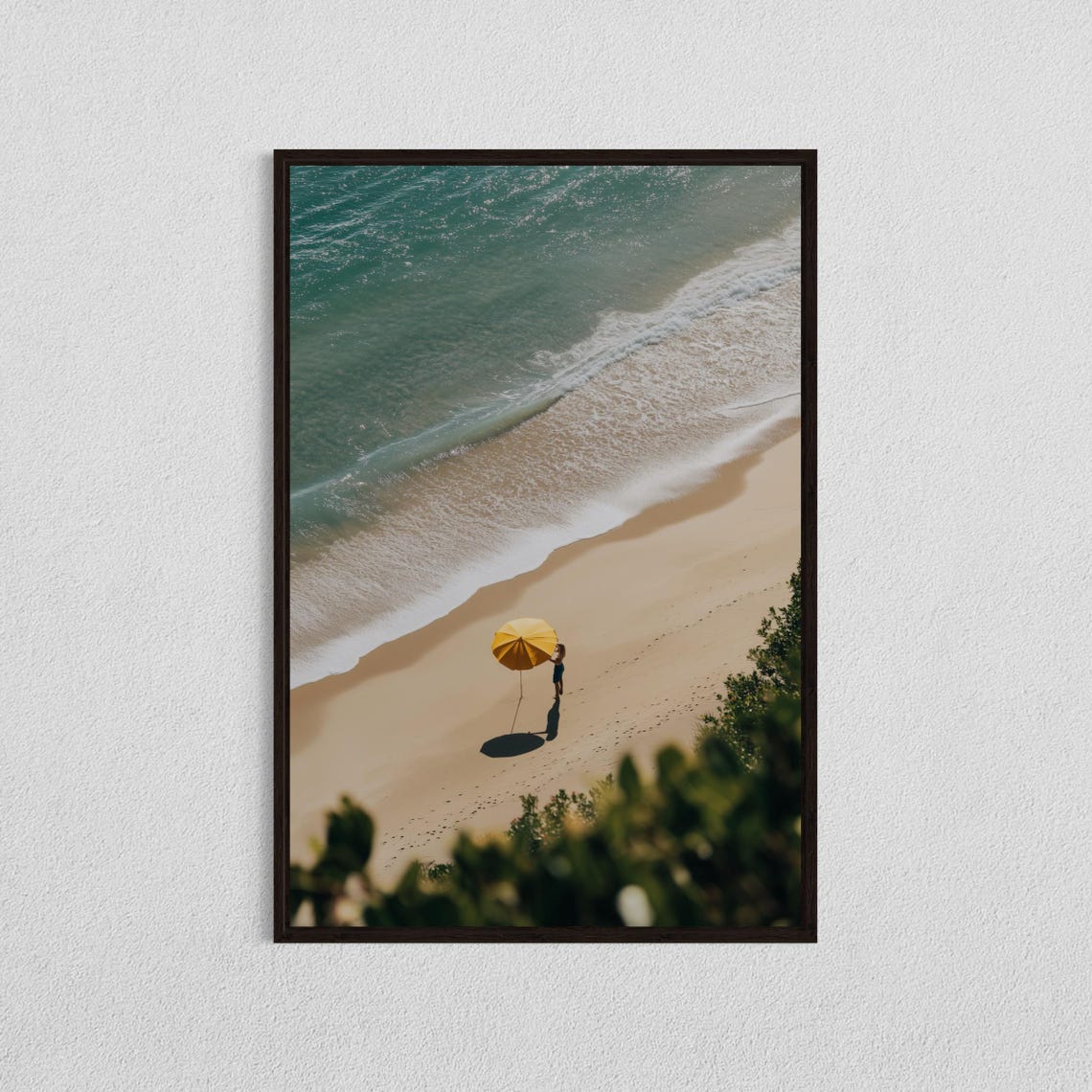 Aerial Beach Walk Yellow Umbrella Turquoise Waves Coastal Poster
