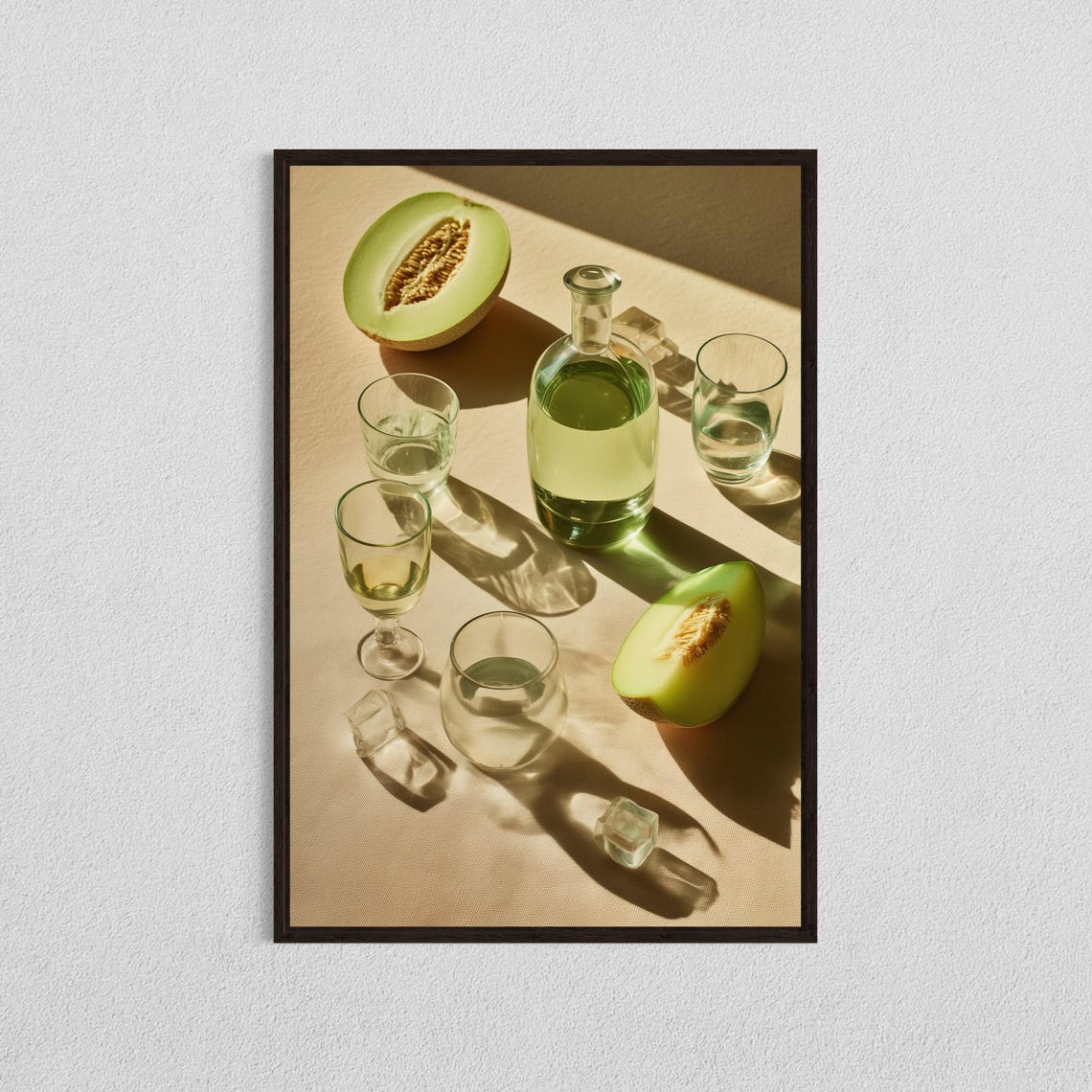 Green Melon Still Life Carafe Glasses Sunlit Minimalist Art Print