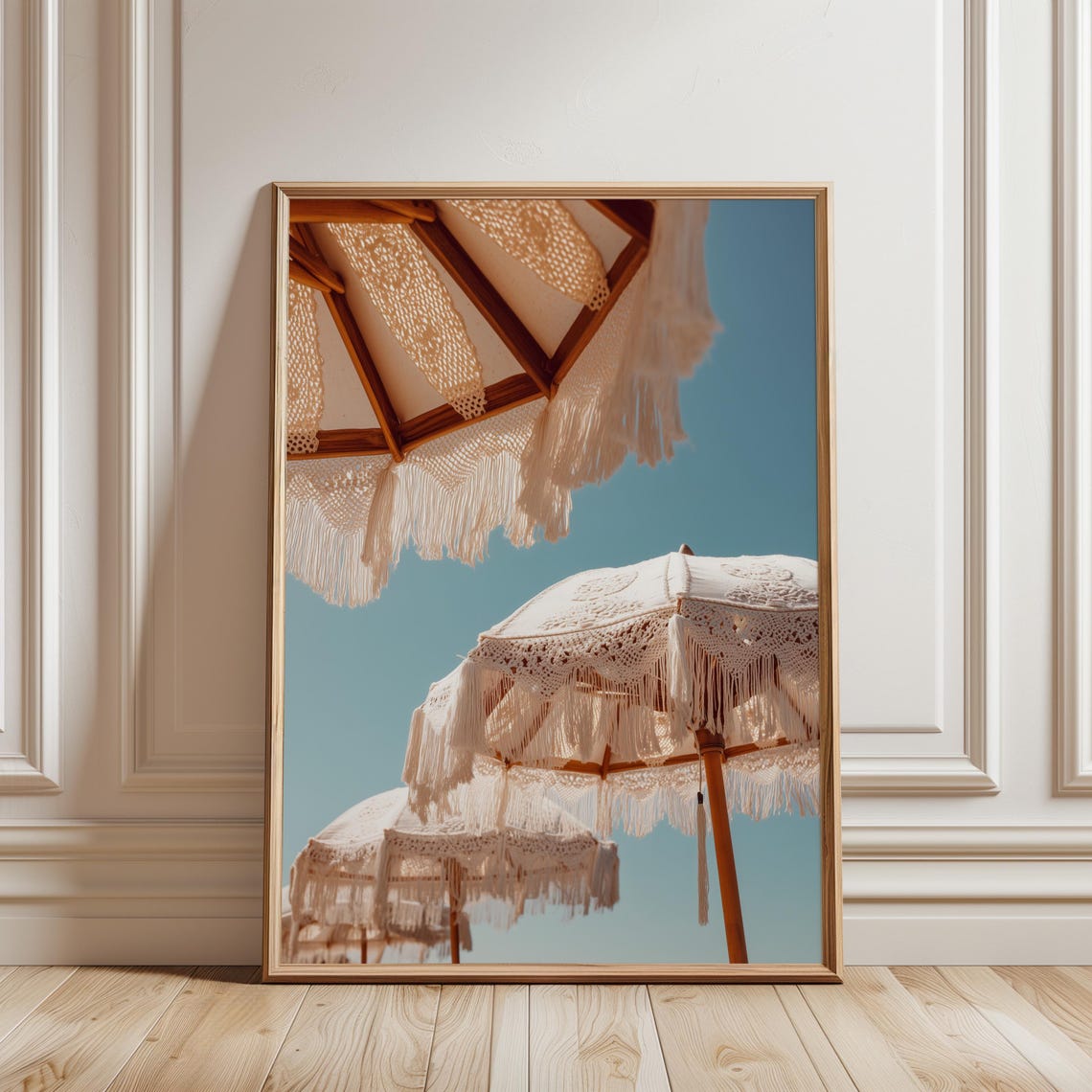 White Macrame Beach Umbrellas Under Blue Sky Coastal Boho Wall Art
