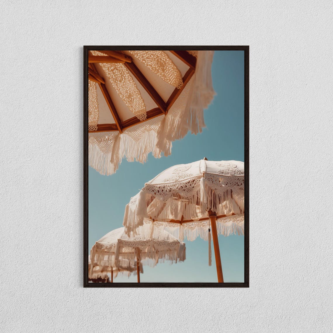 Boho Fringed Beach Umbrellas Against Summer Sky Crochet Poster