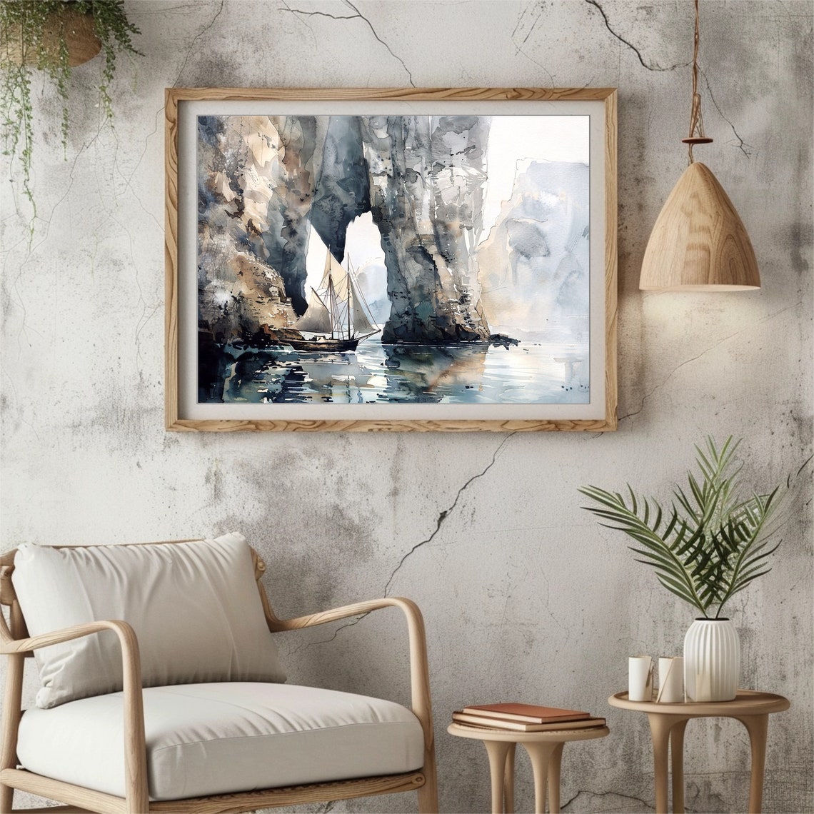 Sailboat Passing Through Towering Sea Arch Watercolor Seascape Poster - Image 4