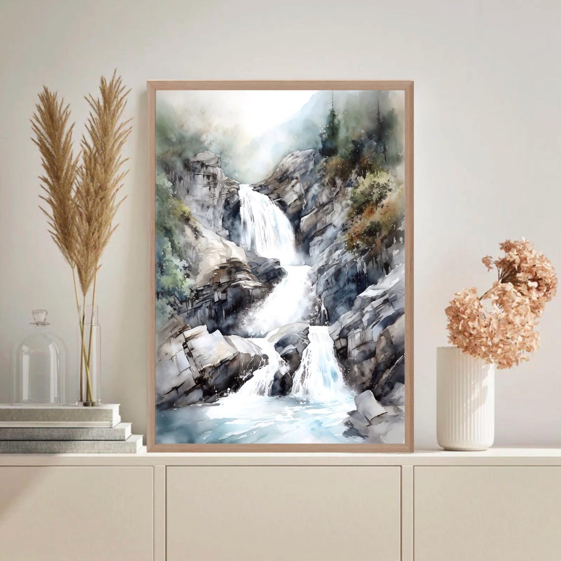 Mountain Waterfall Cascading Over Rocky Cliffs Watercolor Poster - Image 5