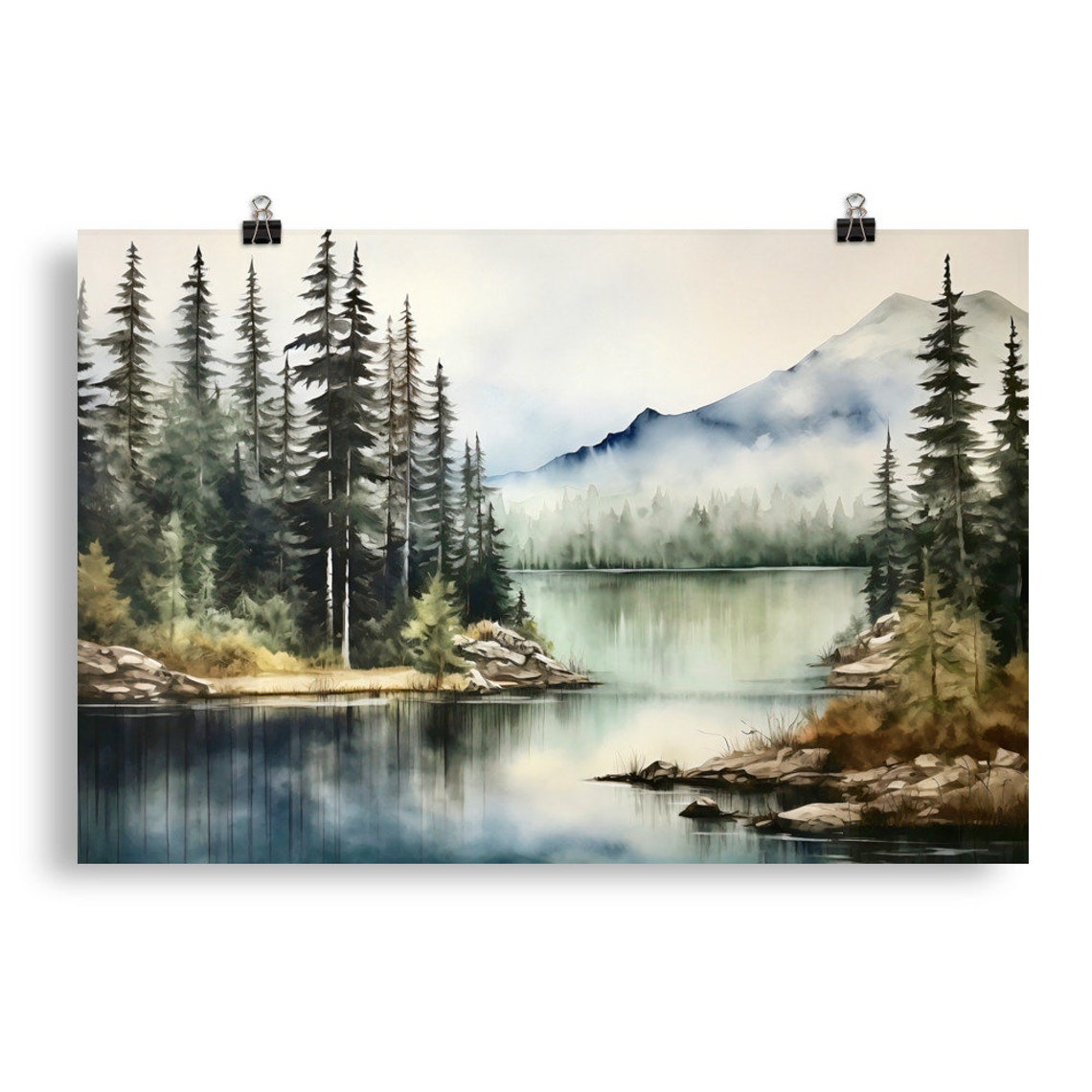 Misty Lake Pine Trees Mountain Haze Watercolor Serene Art Print - Image 5