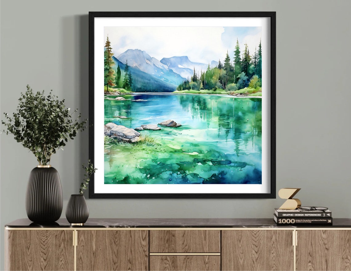 Jasper National Park Alpine Lake Mountain Watercolor Scene Poster - Image 4