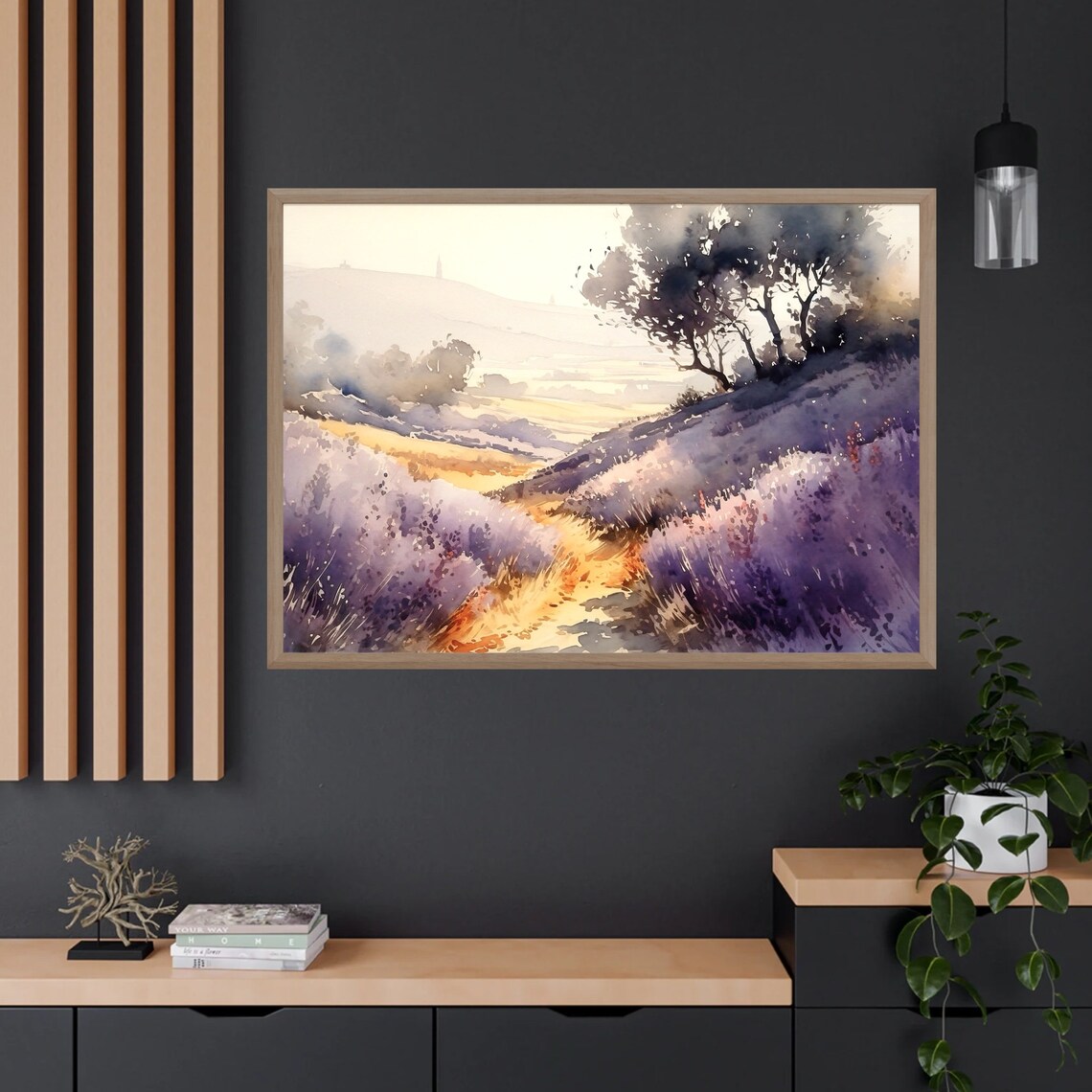 Lavender Field Golden Sunset Hills Watercolor Nature Art Poster - Image 4