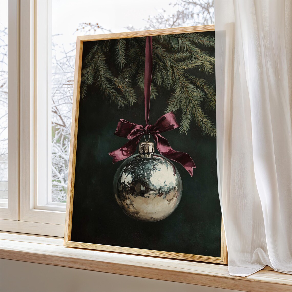 Vintage Silver Christmas Ornament Burgundy Bow Moody Art Poster - Image 3