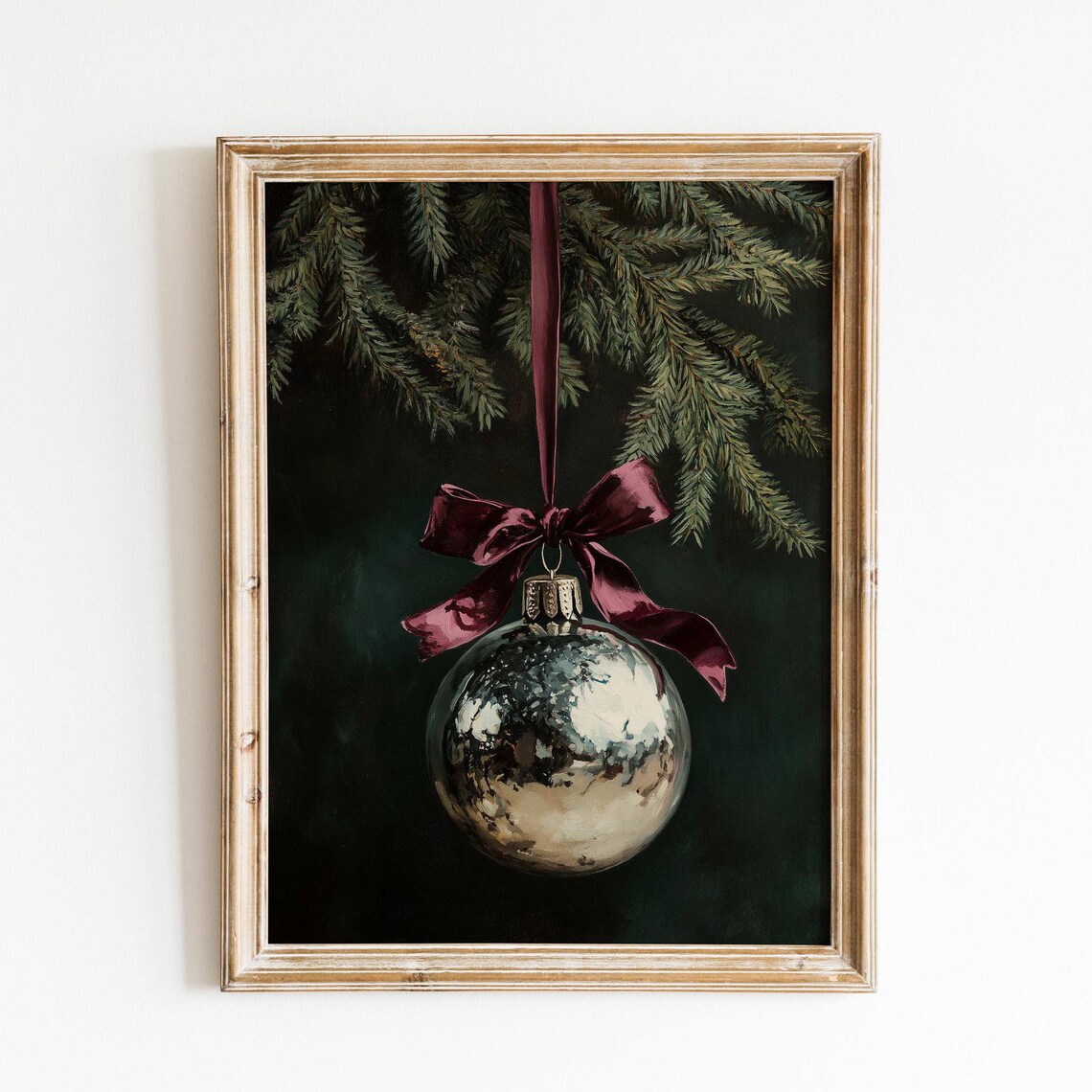 Vintage Silver Christmas Ornament Burgundy Bow Moody Art Poster - Image 6