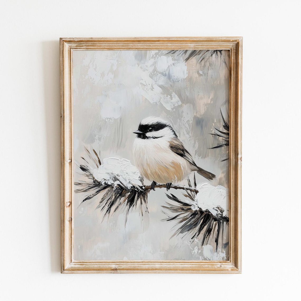 Chickadee on Snowy Pine Branch Vintage Style Christmas Bird Poster