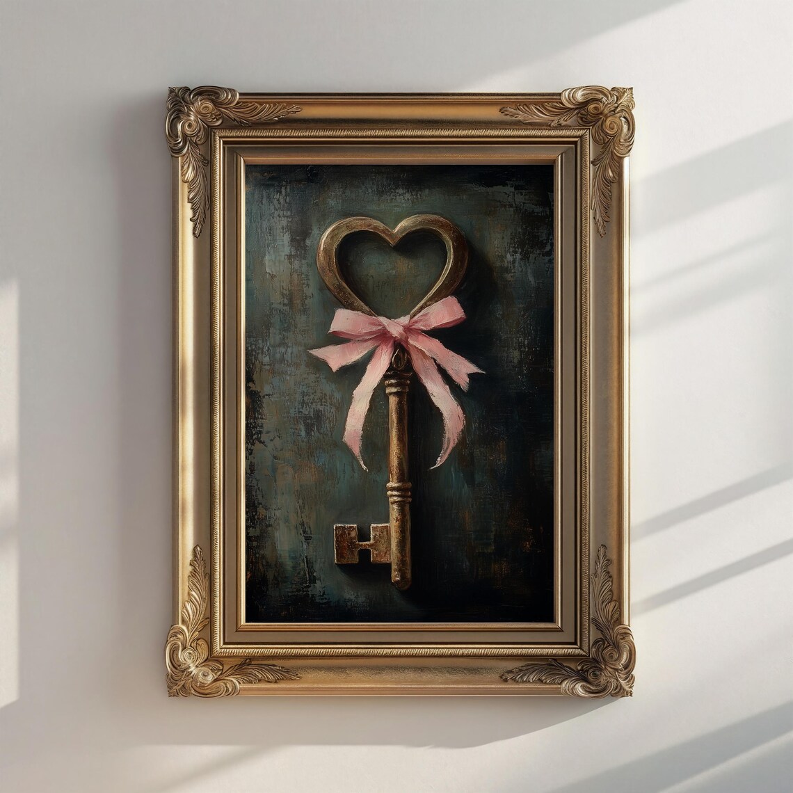 Vintage Heart Shaped Key Pink Bow Moody Oil Painting Art Poster - Image 5