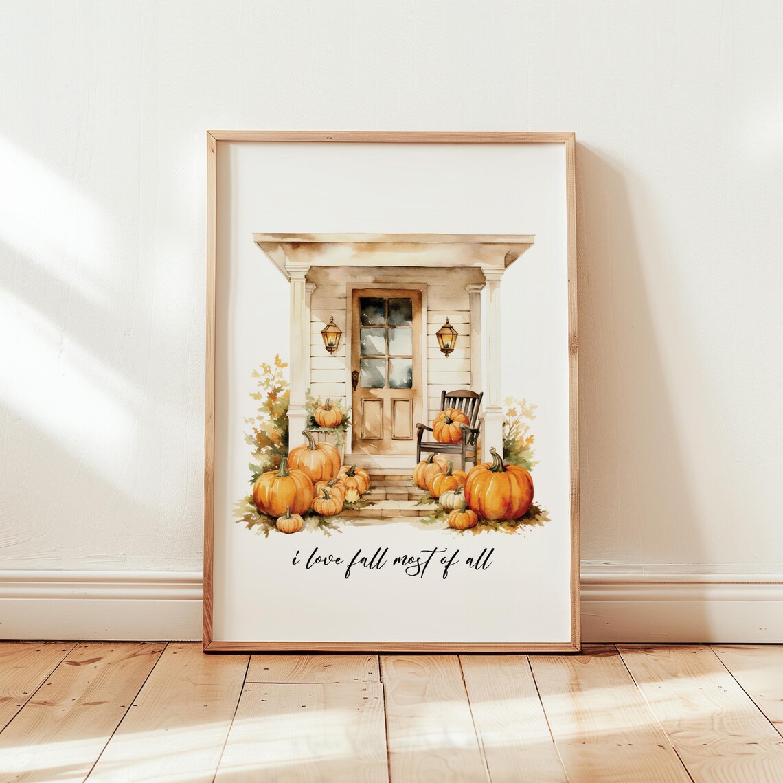I Love Fall Most Of All Watercolor Porch Pumpkins Autumn Art Poster - Image 3