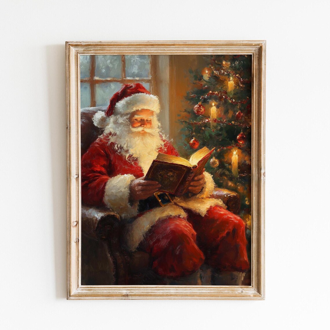 Santa Claus Reading by the Christmas Tree Cozy Vintage Style Poster