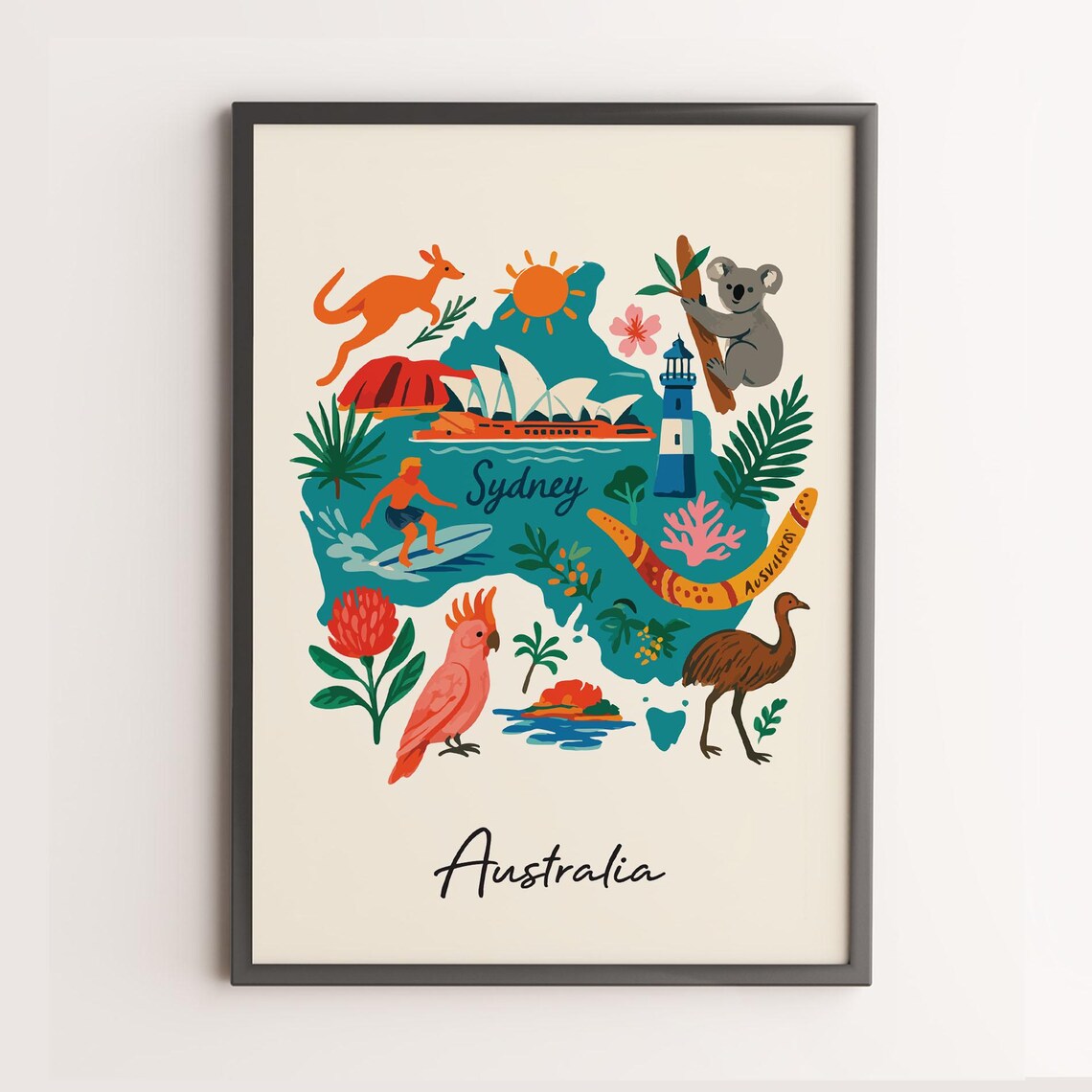 Australia Illustrated Map Travel Poster with Sydney Landmarks