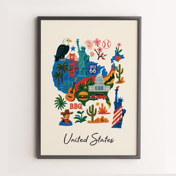 United States Print Wall Art Poster Country Illustration Relaxed Decor Unique Artwork Only