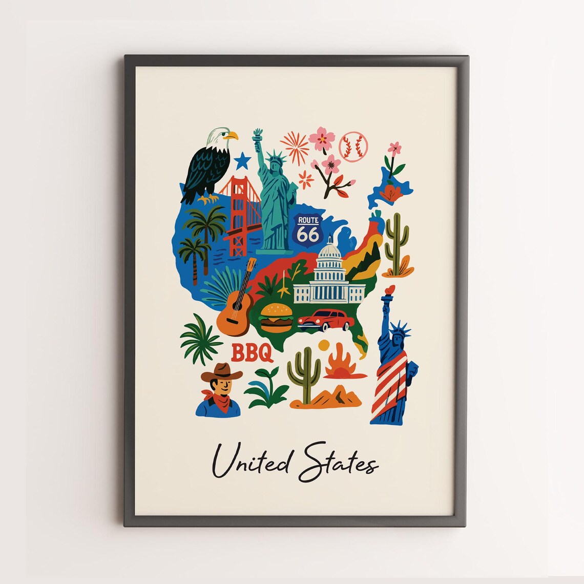 United States Illustrated Map Travel Poster with Route 66 Icons