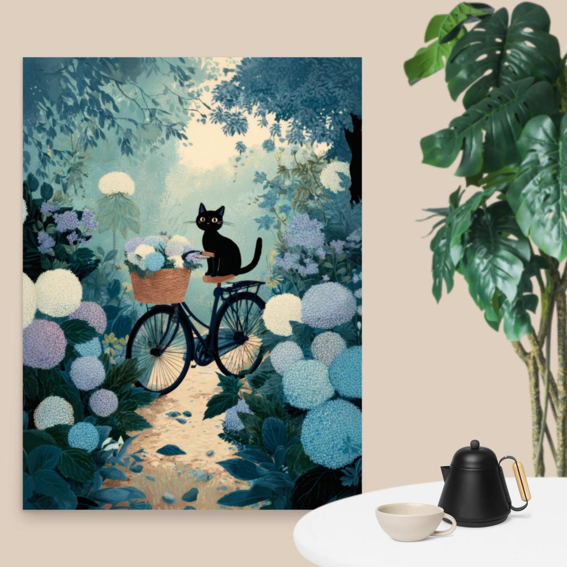 Sweet Black Cat Bicycle Ride Through Blue Hydrangea Garden Poster