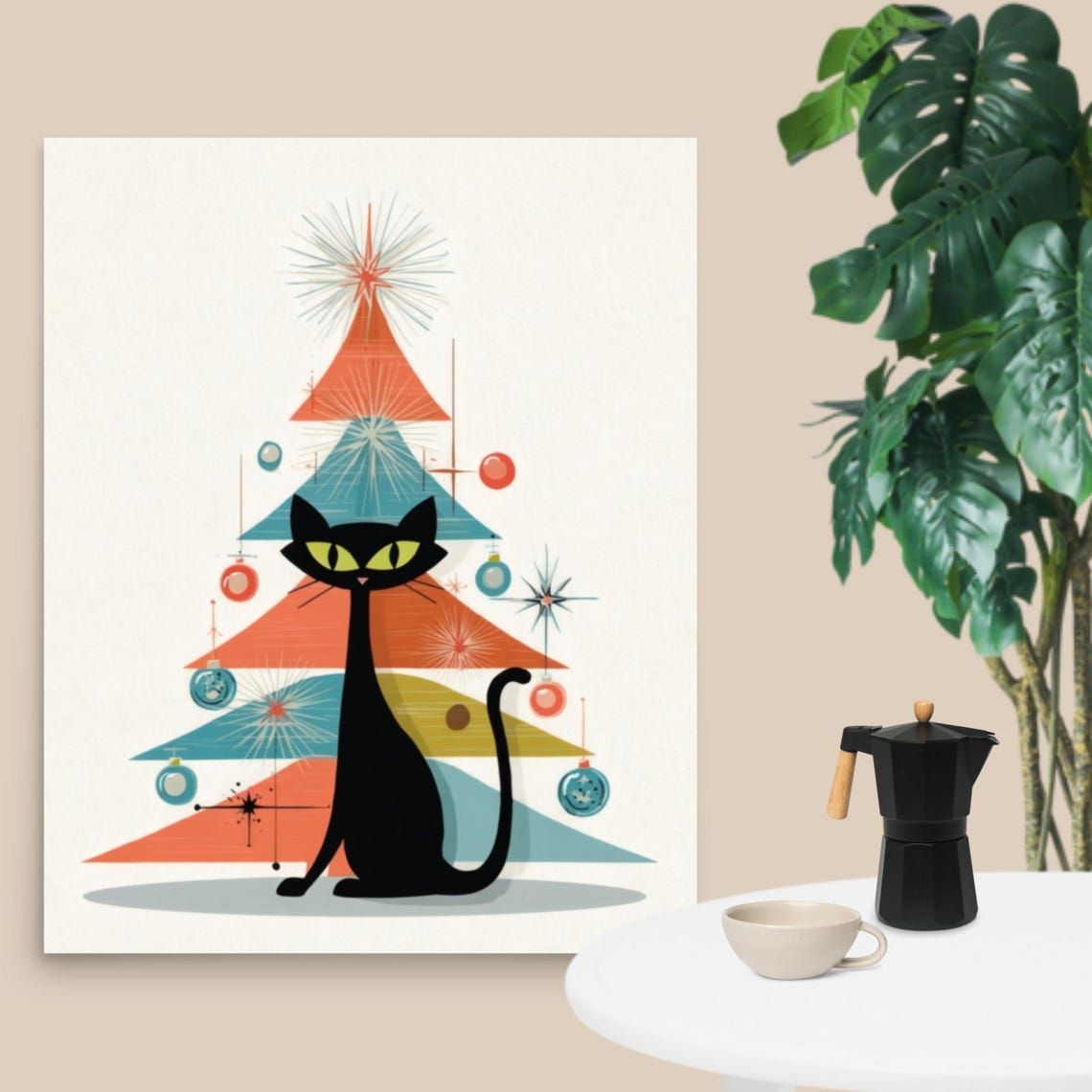 Atomic Black Cat Midcentury Christmas Tree Retro Holiday Decor Poster