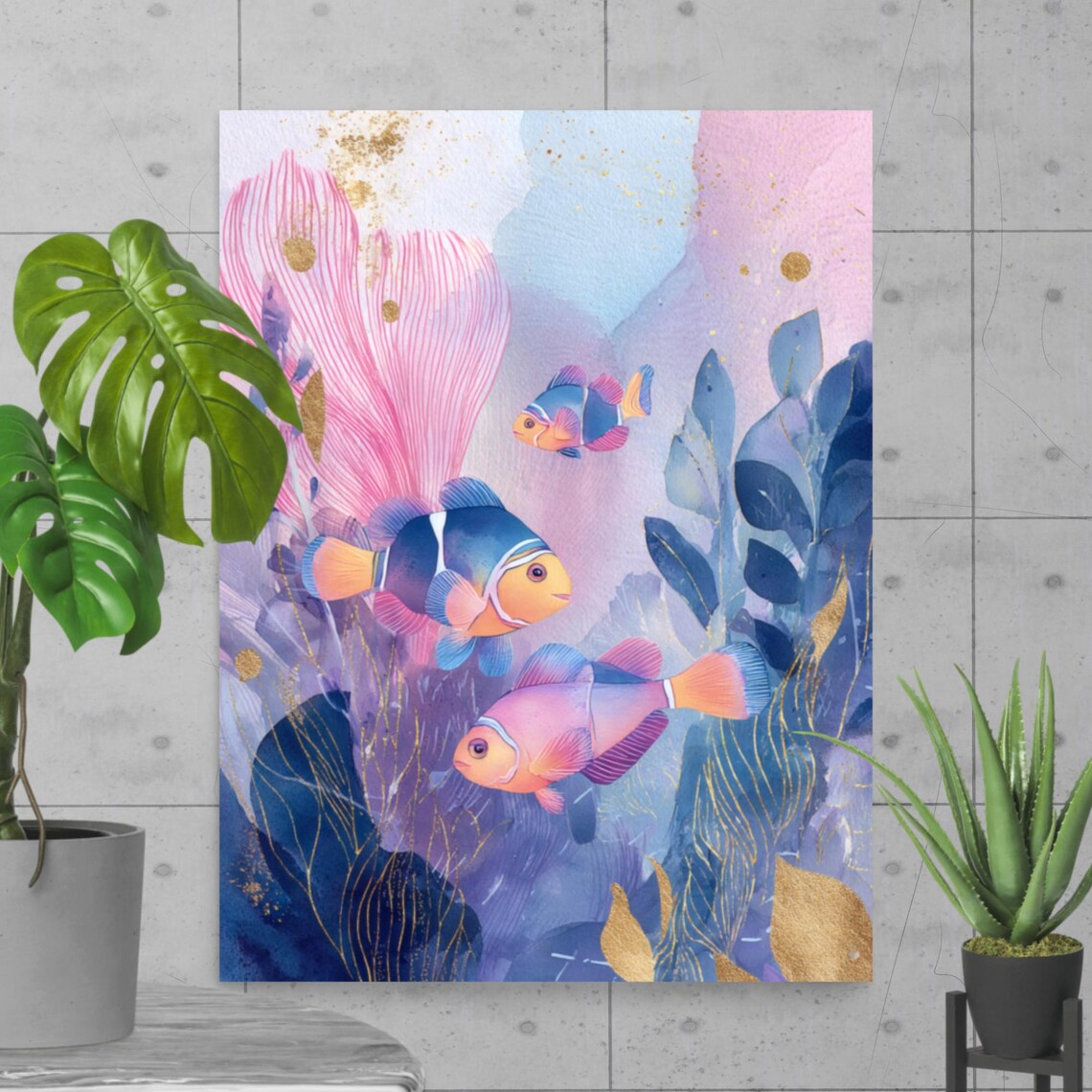 Pastel Clownfish Trio Watercolor Coral Reef Dreamy Ocean Poster