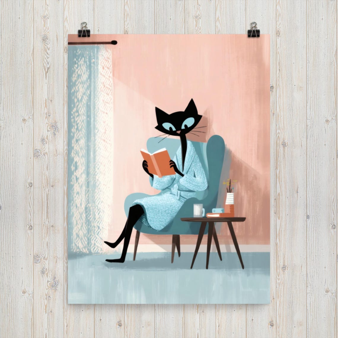 Atomic Black Cat Bathrobe Reading Book Retro Midcentury Cozy Poster