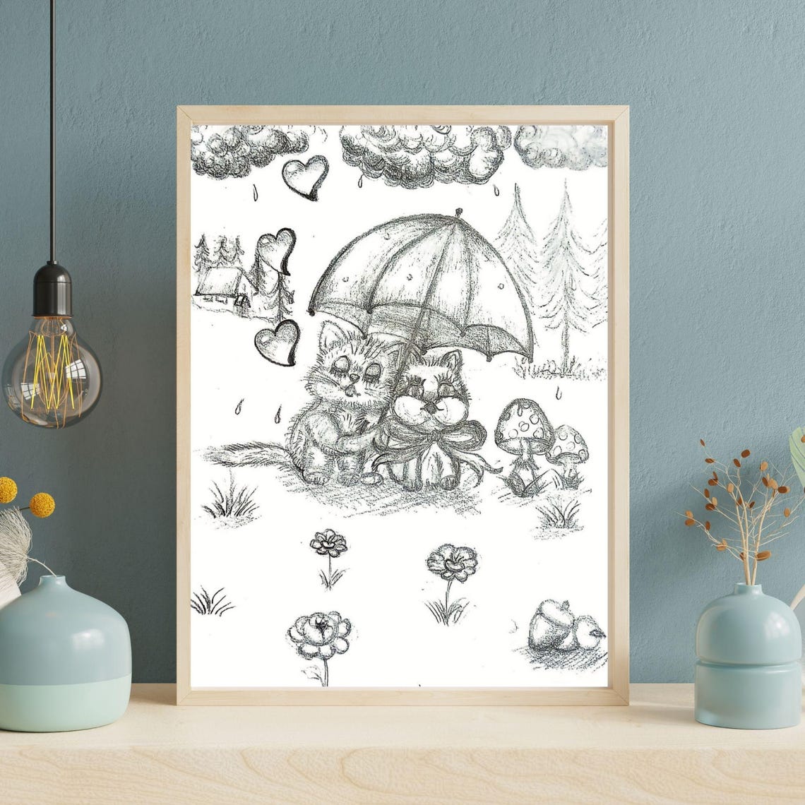 Two Kittens Under Umbrella Pencil Sketch Cute Rainy Day Poster - Image 5