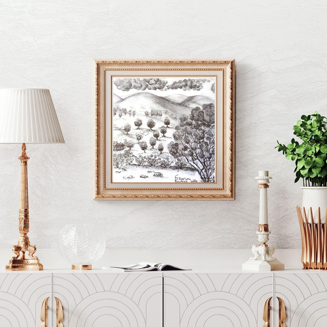 Erzurum Turkiye Charcoal Pencil Landscape Hills Sketch Poster
