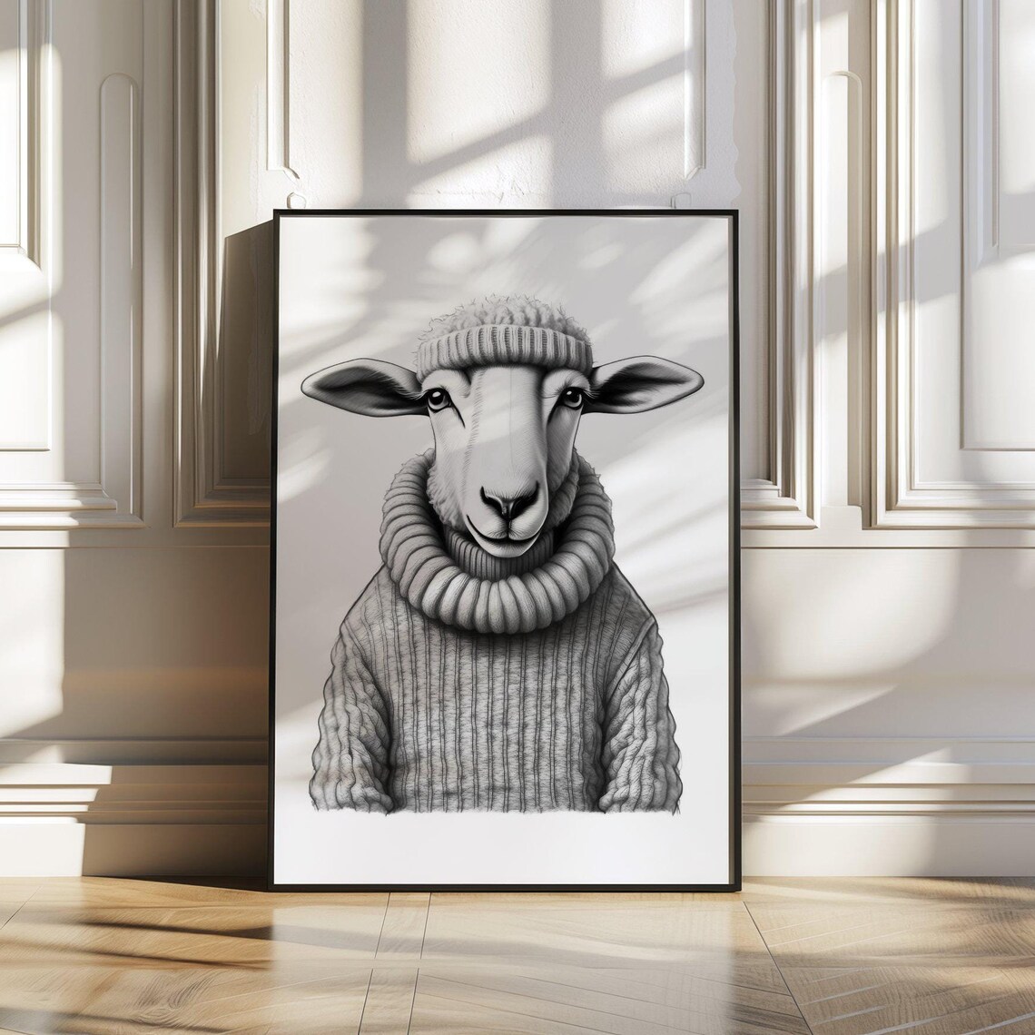 Sheep Wearing Knit Sweater Funny Black White Farm Animal Poster