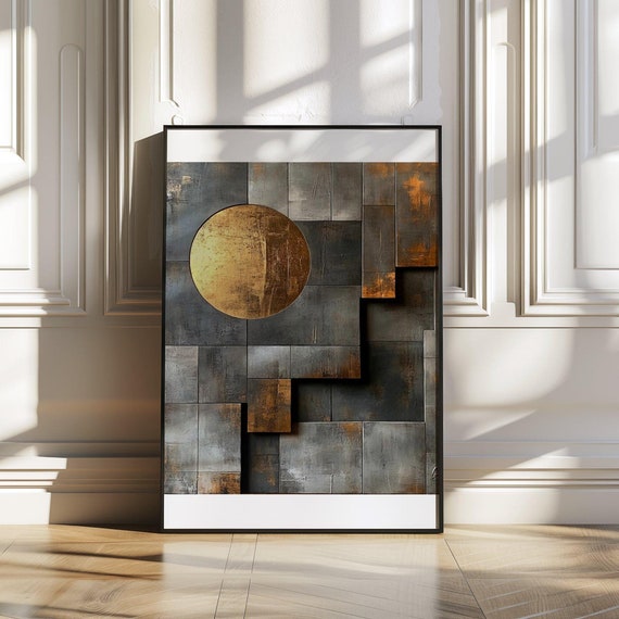 Abstract Geometric Wall Art Modern Gold Circle And Rectangles Print Unique Contemporary Design Home Dcor