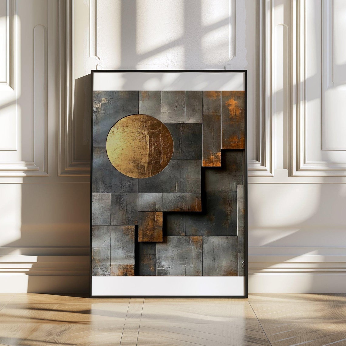 Golden Circle on Rust Tile Grid Abstract Geometric Art Poster