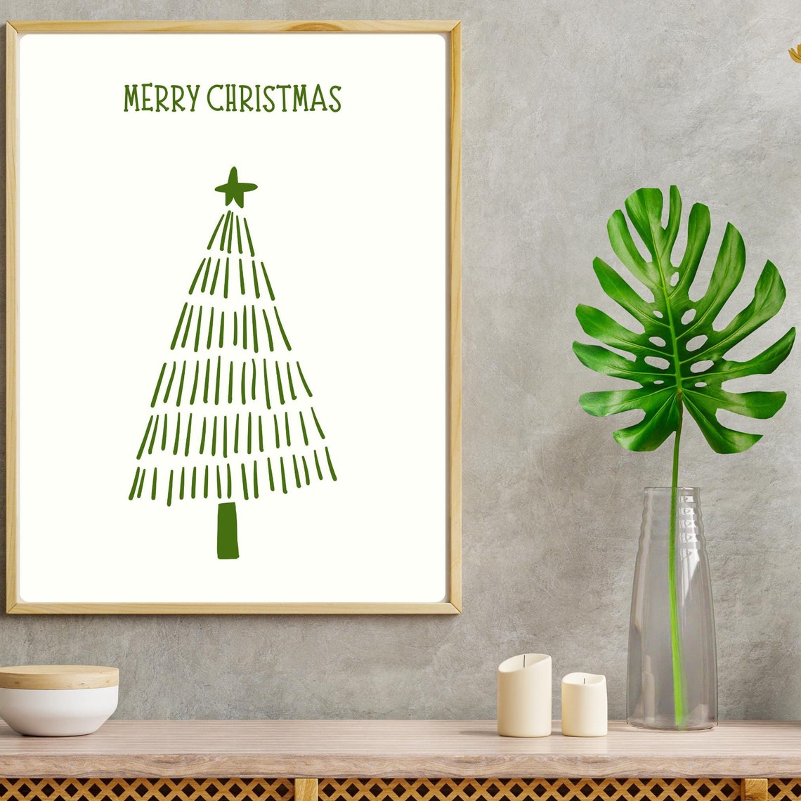 Merry Christmas Minimalist Green Line Art Christmas Tree Poster - Image 3