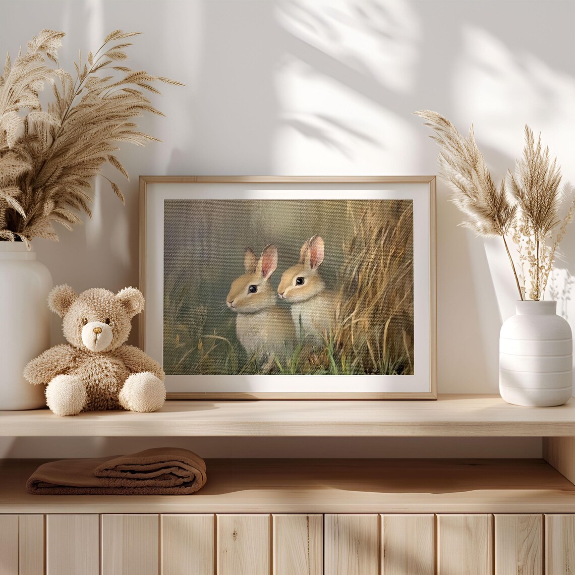 Two Vintage Rabbits In Meadow Grass Soft Neutral Nursery Animal Art Poster - Image 2