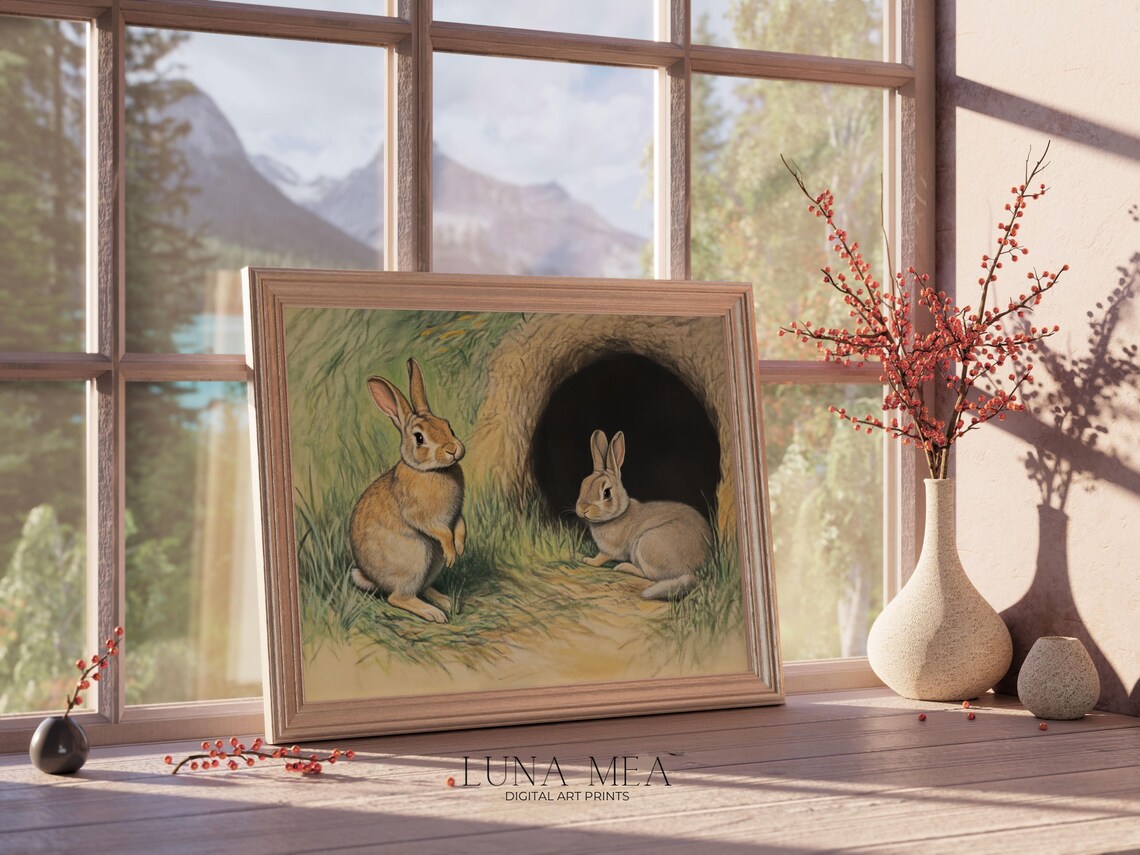 Two Vintage Rabbits By Burrow Hole Woodland Wildlife Nursery Animal Art Poster - Image 3