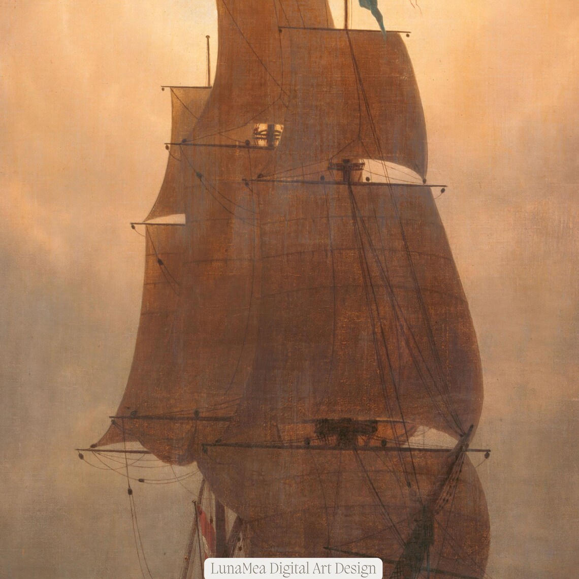 Vintage Tall Ship Full Sails Golden Sunset Maritime Oil Painting Wall Art - Image 3