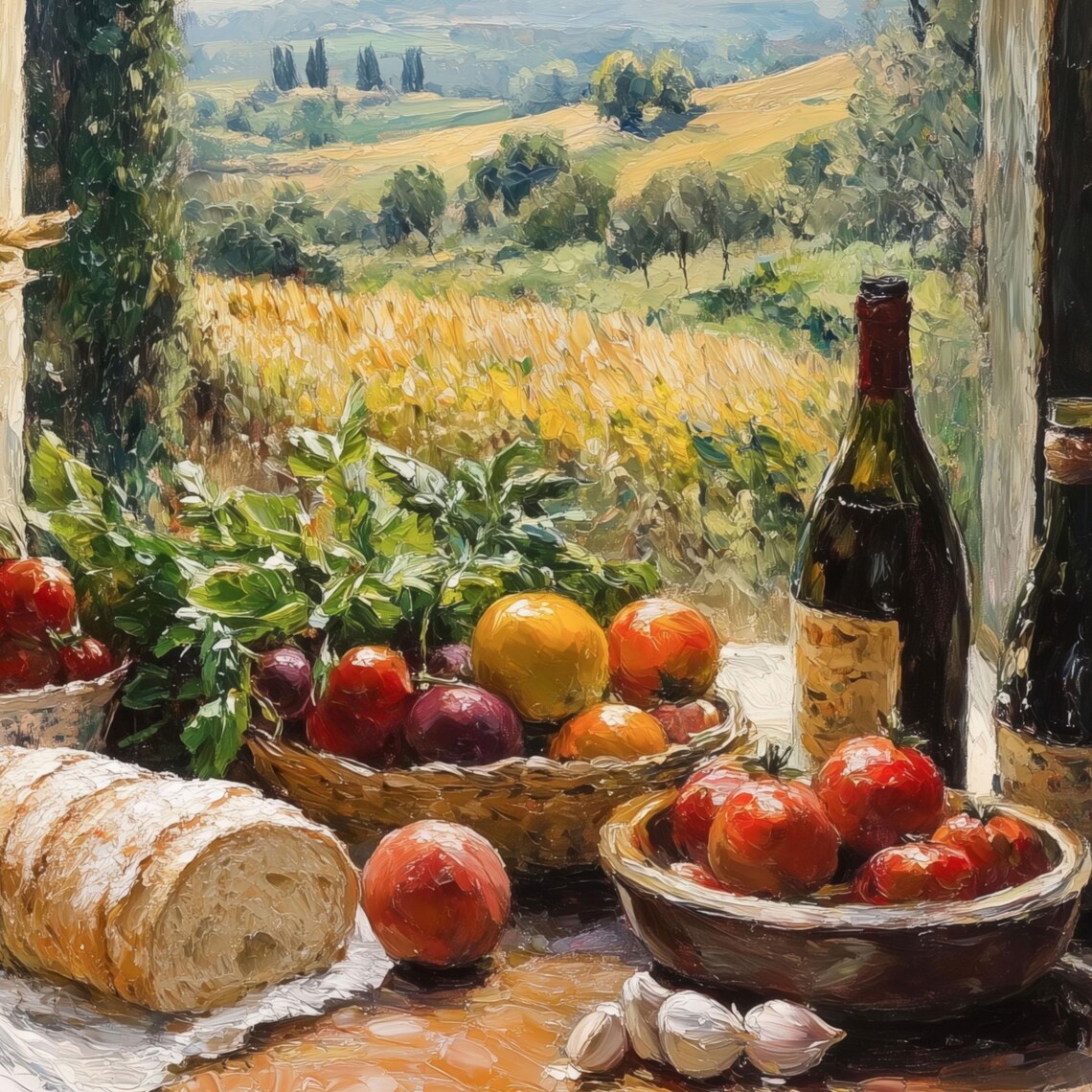 Autumn Harvest Still Life With Bread Wine And Fruit Rustic Kitchen Art Poster - Image 3