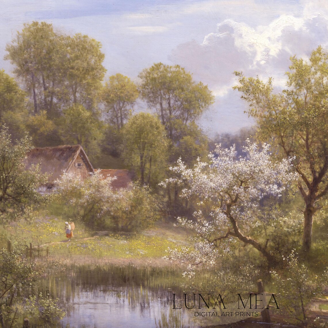Vintage Spring Landscape With Pond Cottage And Blossoming Trees Art Poster - Image 3