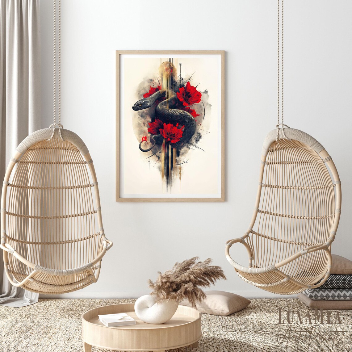 Black Snake Coiled Among Red Poppies Abstract Zodiac Floral Wall Art - Image 2