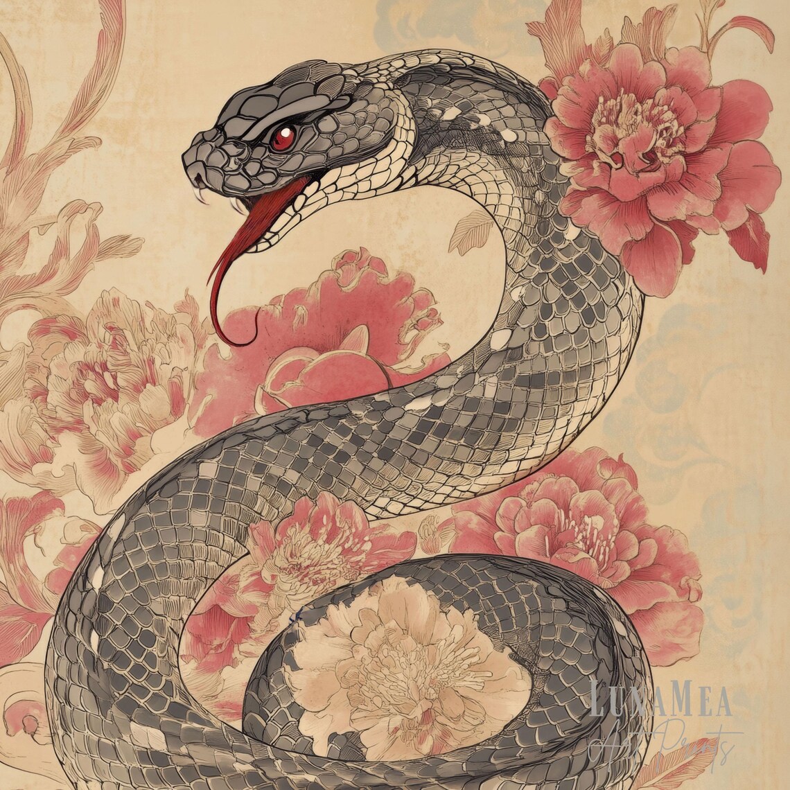 Chinese Zodiac Art Print Year Of The Snake 2025 Asian Wall Art With Flowers Lunar New Year Poster Feng Shui Decor 1 - Image 3