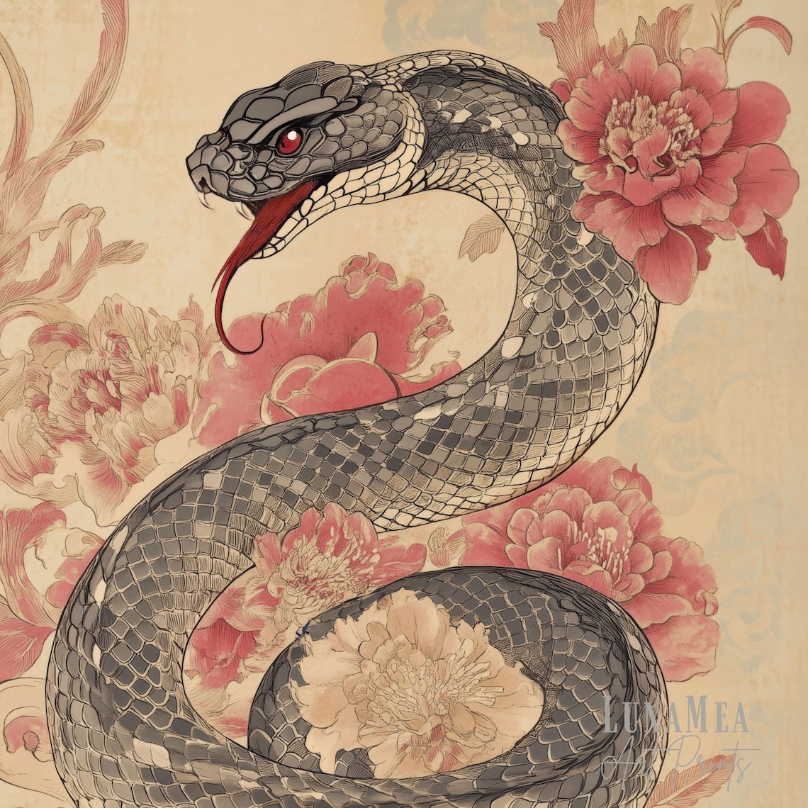 Year Of The Snake 2025 Chinese Zodiac Black Serpent Red Peony Art Poster - Image 3