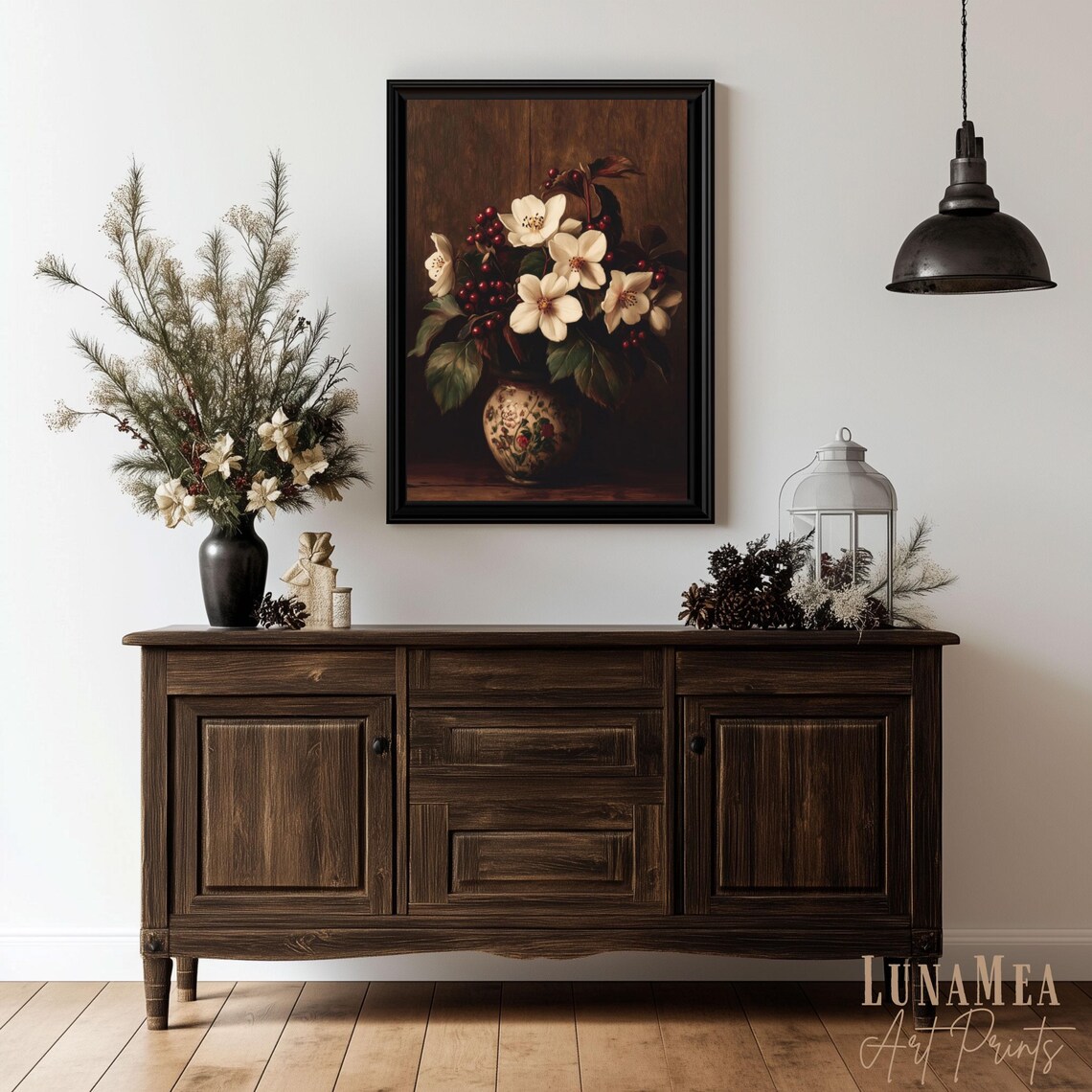 Rustic Winter Flower Still Life White Blossoms Red Berries Painting Wall Art - Image 2
