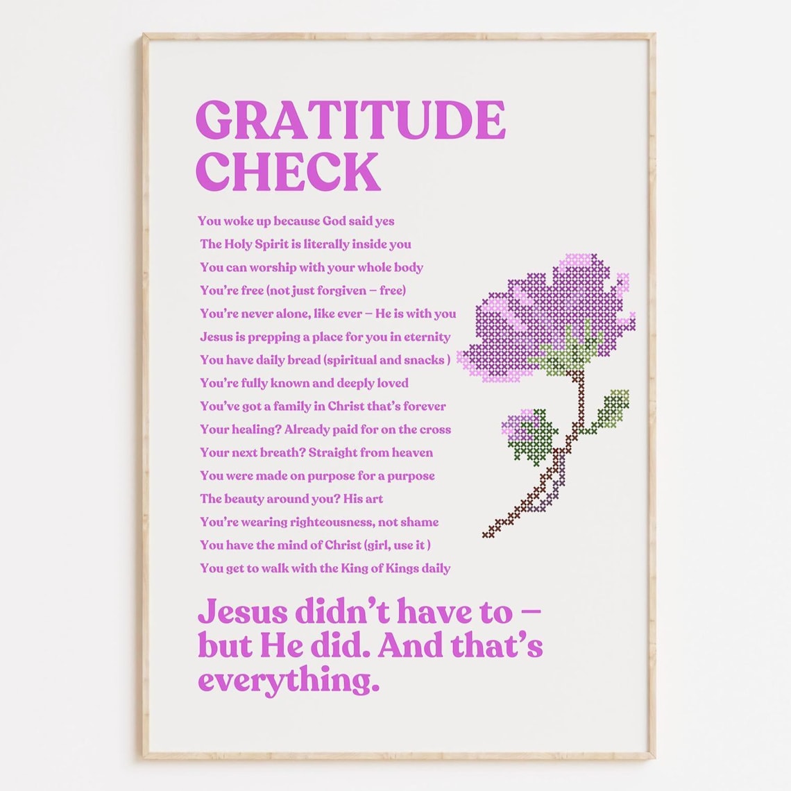 Gratitude Check Christian Affirmations Magenta Cross Stitch Floral Poster