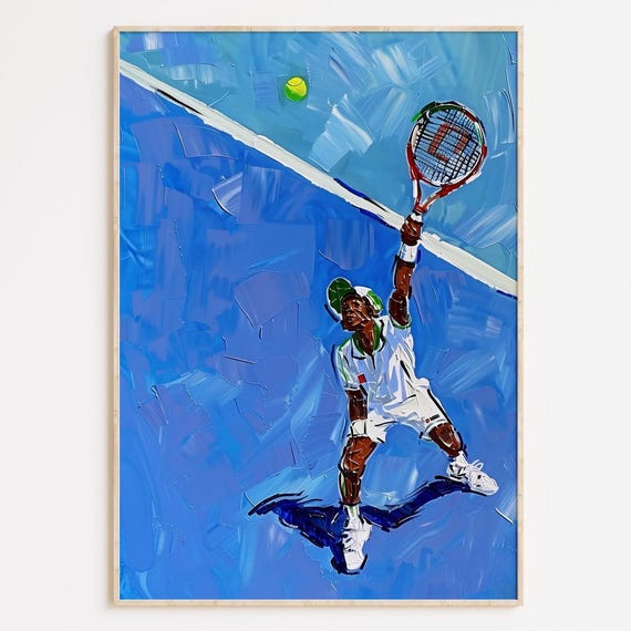 Blue Court Tennis Player Art Print Modern Athletic Decor