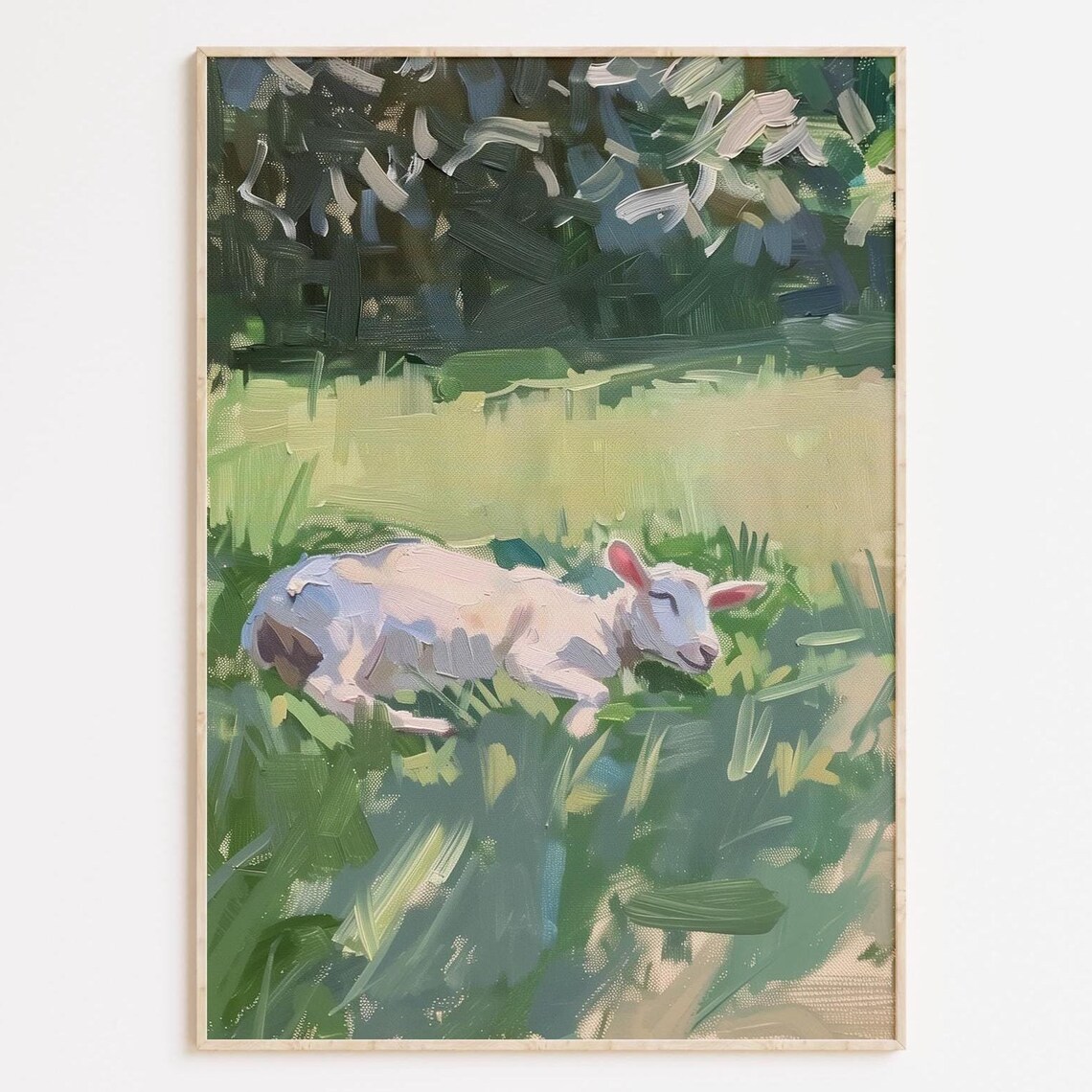 Sleeping Lamb In Green Grass Impressionist Farm Painting Poster