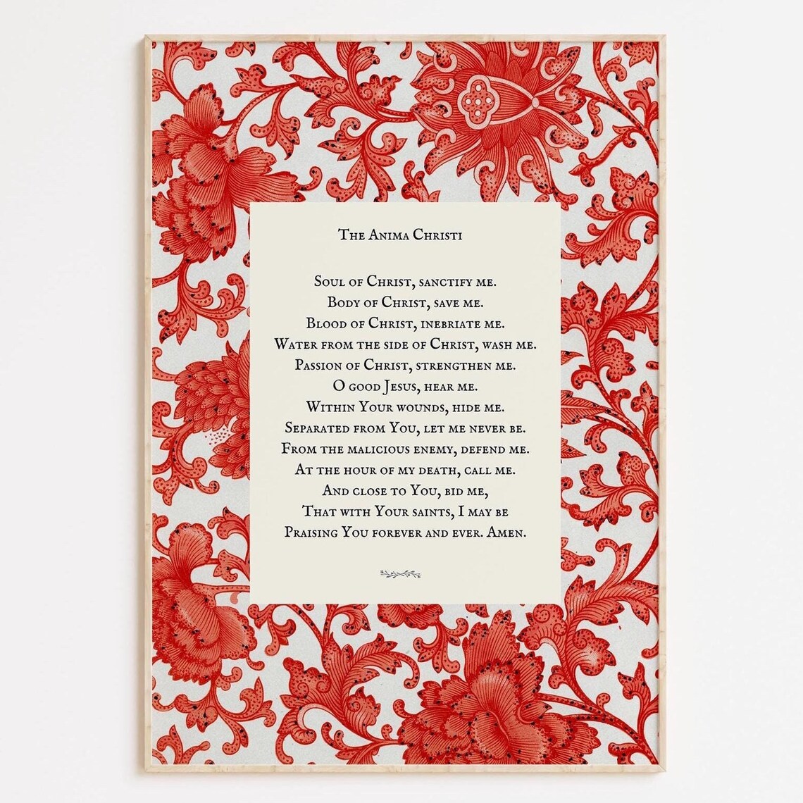 Anima Christi Catholic Prayer Art Print Red Botanical Decor