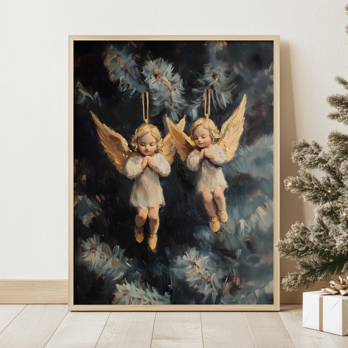 Golden Angel Ornaments on Dark Evergreen Moody Christmas Poster - Image 2