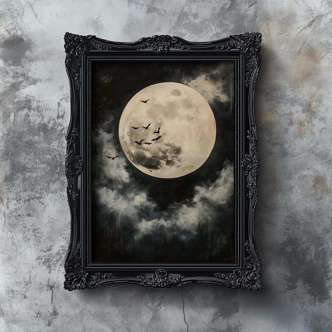 Vintage Dark Full Moon with Bats Spooky Halloween Night Art Poster
