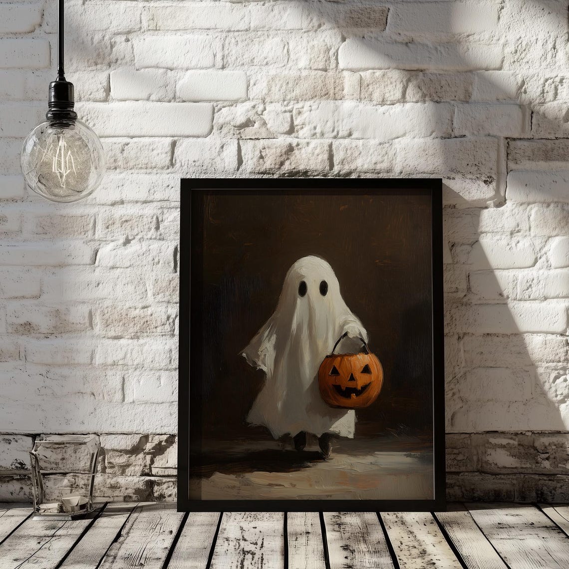 Cute Little Ghost with Pumpkin Bucket Moody Halloween Art Poster - Image 2