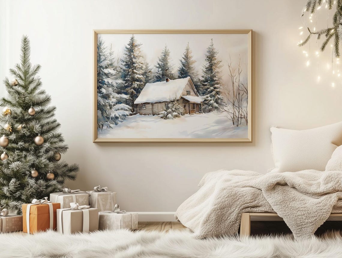 Snow Covered Cabin in Pine Forest Winter Christmas Art Poster - Image 2