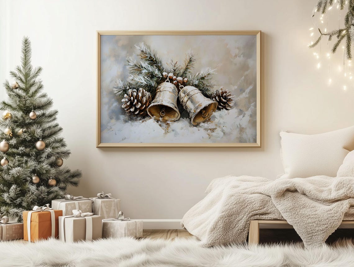 Vintage Jingle Bells Christmas Wall Art Holiday Holly Still Life Oil Painting Antique Winter Season Gallery Decor Festive Cottagecore Art - Image 2
