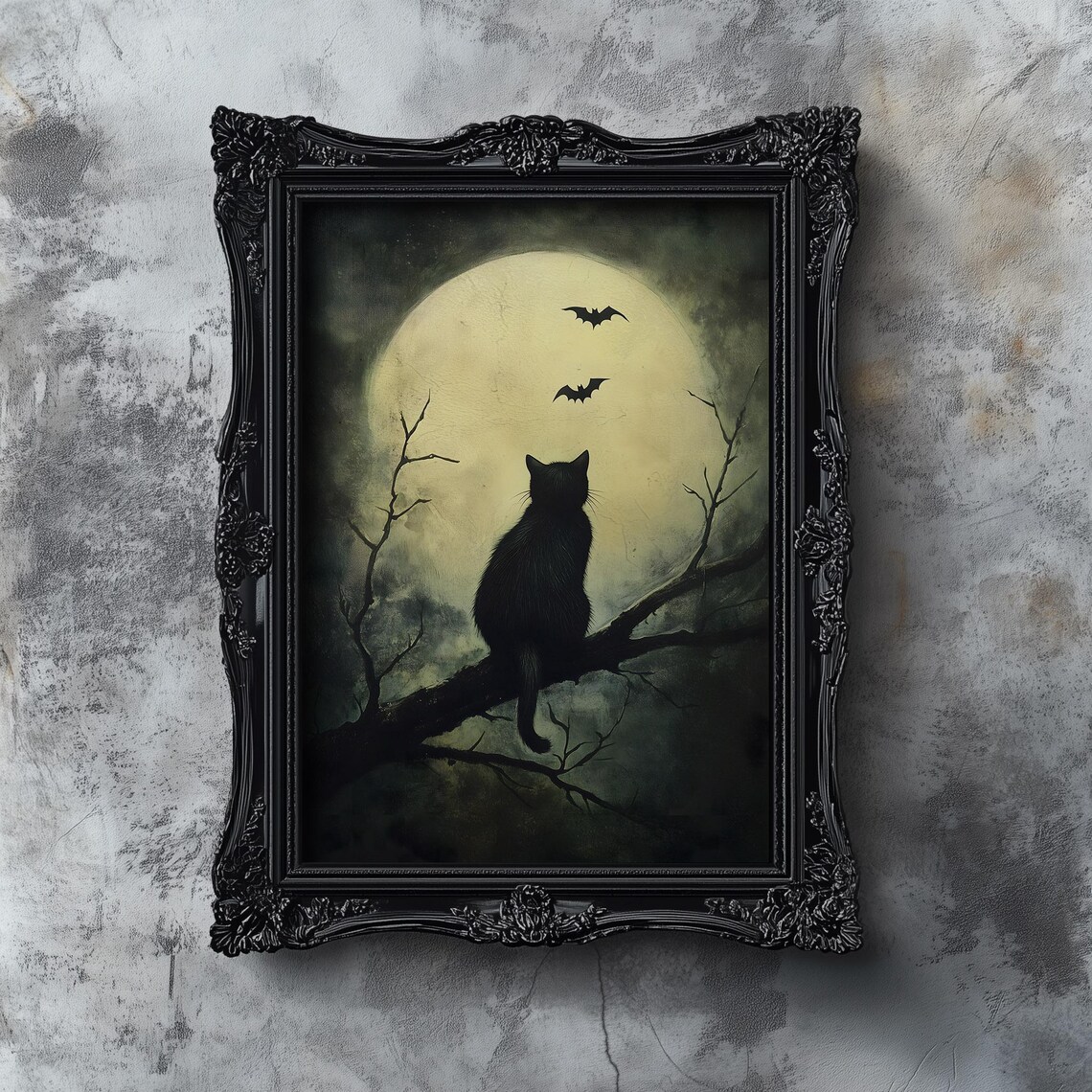 Moody Cat Bats Halloween Art Print, Dark Academia