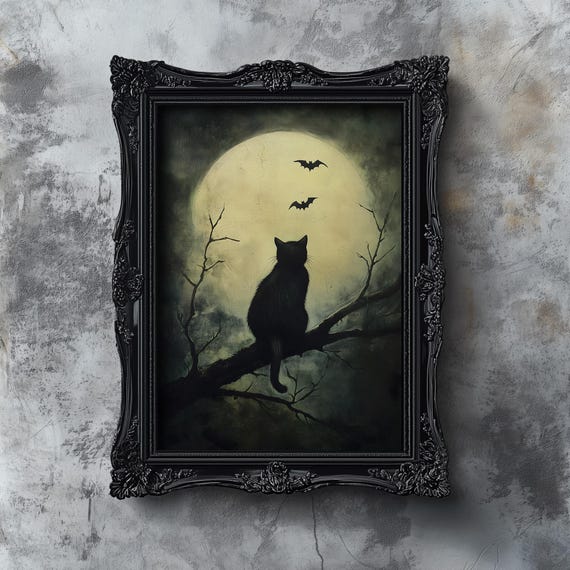 Moody Cat Bats Halloween Art Print, Dark Academia
