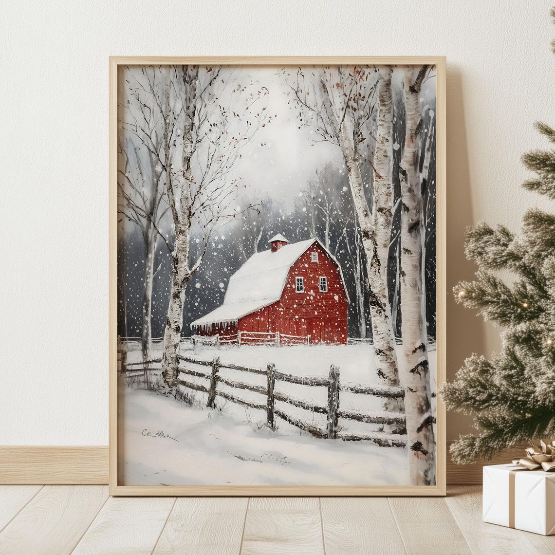 Winter Farmhouse Print White Christmas Barn Print Antique Snowy Landscape Oil Painting Winter Wonderland Wall Gallery Cottagecore Poster - Image 2