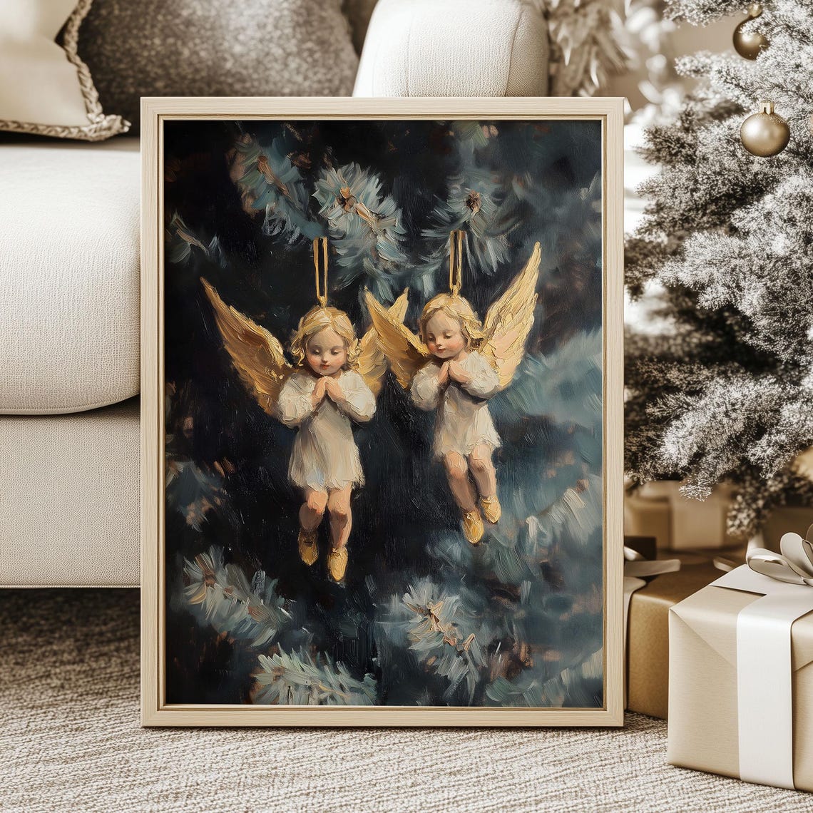Golden Angel Ornaments on Dark Evergreen Moody Christmas Poster